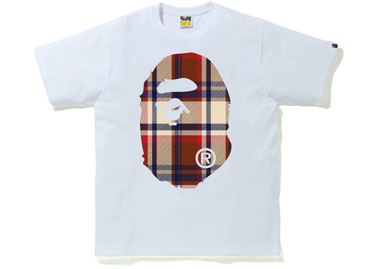 Bape Check Big Head Ape White Tee ( Red & Navy )